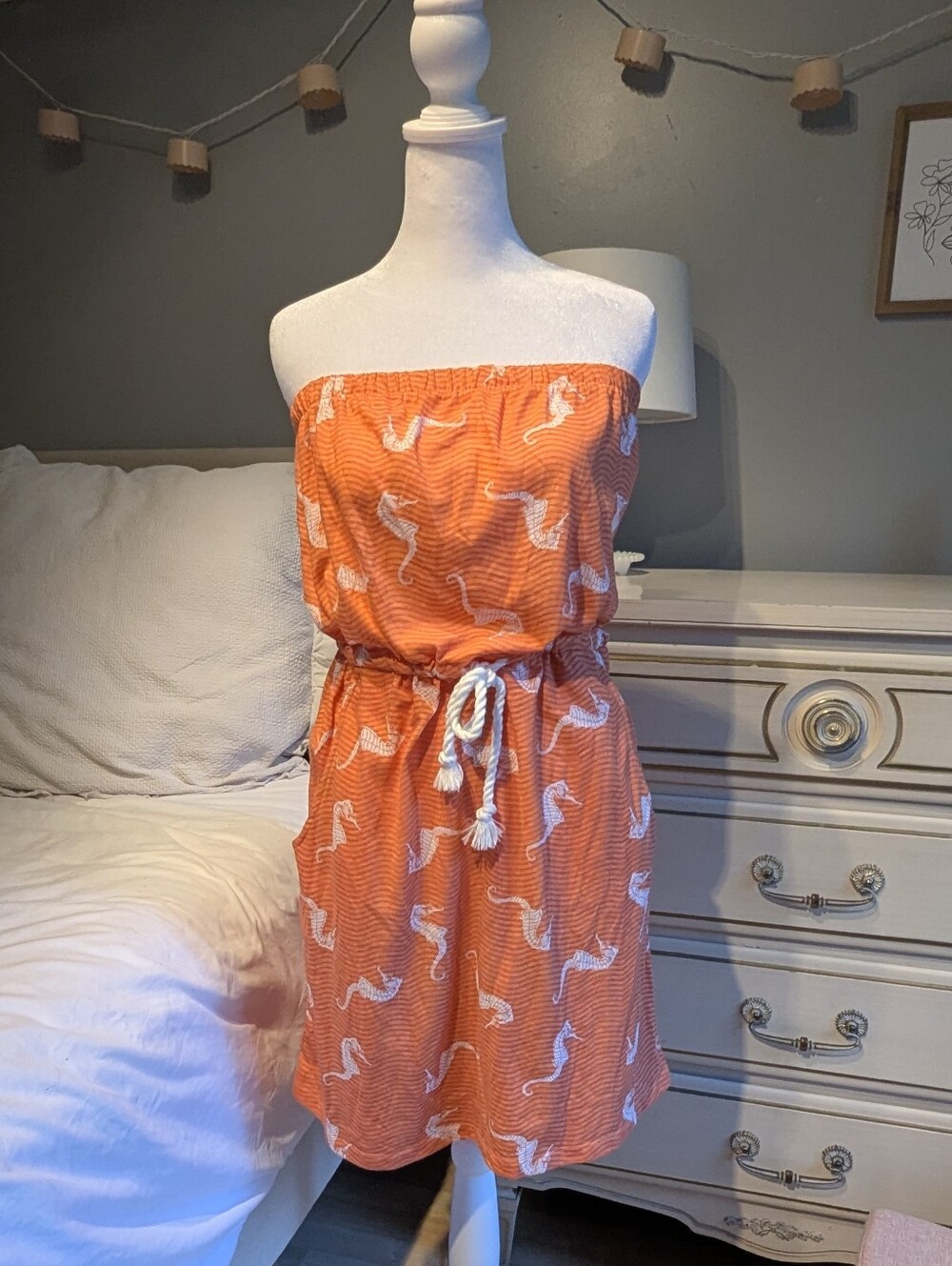 Orange Strapless Seahorse Print Summer Dress, M, Southern Breeze